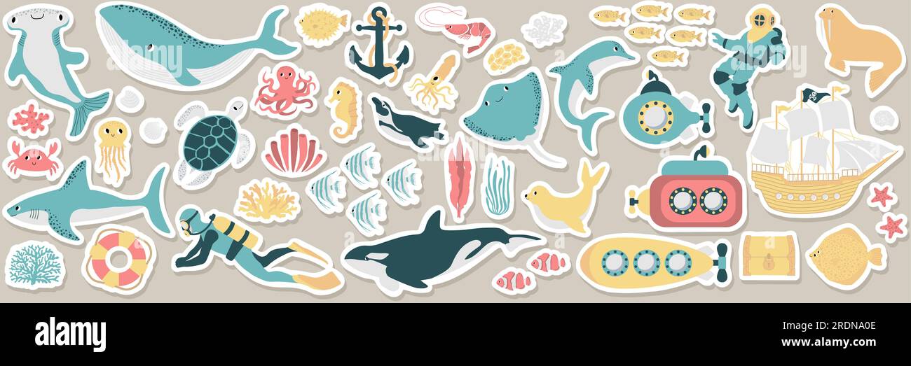 Vector Ocean Sticker Mega Set mit Wal, Schildkröte, U-Boot, Hai, Krabbe, Tintenfisch, Taucher, Pinguin, Tintenfisch, Delfin, Walross, Schiff. Unterwassertiere. Illustration Stock Vektor