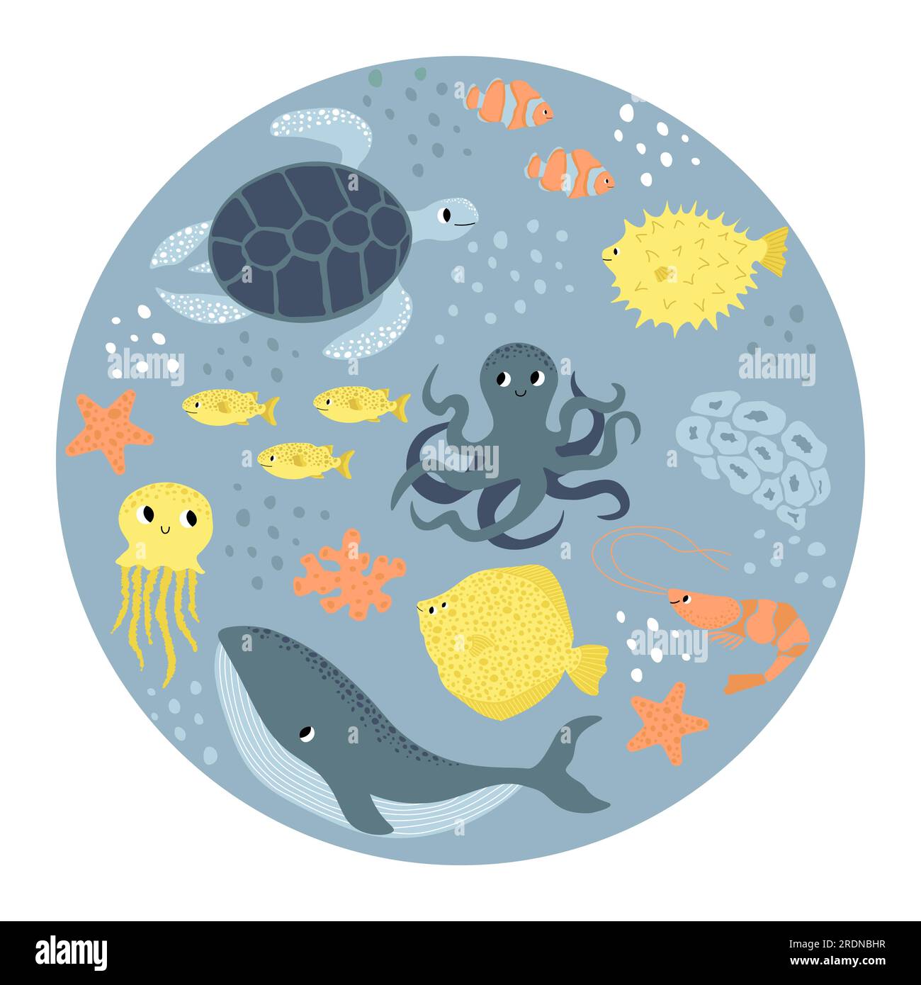 Vektor Ozean Illustration mit Wal, Tintenfisch, Schildkröte, Flunder, Garnelen, Clownfische, Seesterne. Unterwassertiere. Ökologisches Design für Banner Stock Vektor