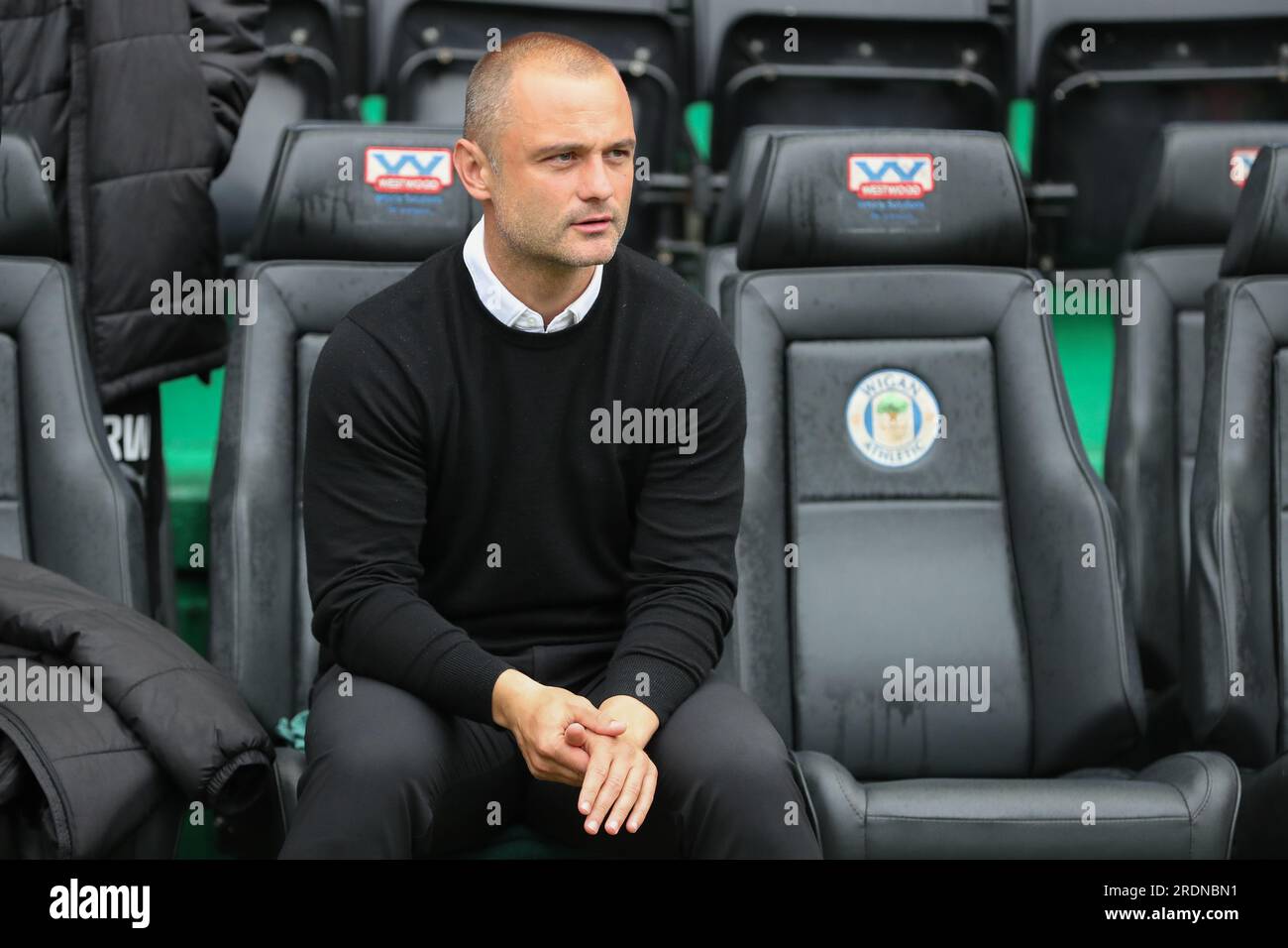 Wigan, Großbritannien. 22. Juli 2023 Shaun Maloney Manager von Wigan Athletic während der Vorsaison Friendly zwischen Wigan Athletic und Everton im DW Stadium, Wigan, Großbritannien am Samstag, den 22. Juli 2023 (Foto von Phil Bryan/Alamy Live News) Stockfoto