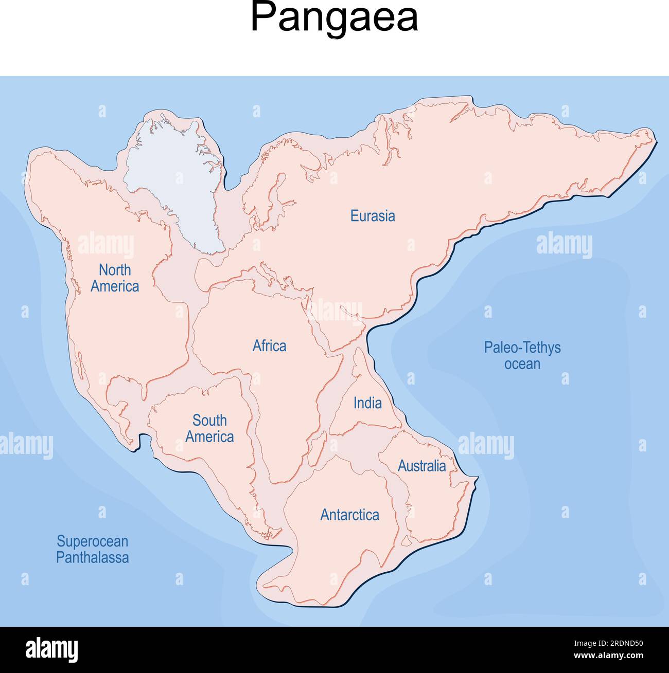 Superkontinent Pangaea mit modernen Binnengrenzen, SuperOcean Panthalassa und Paleo-Tethys Ozean. Pangea-Karten. Kontinentale Drifttheorie Stock Vektor