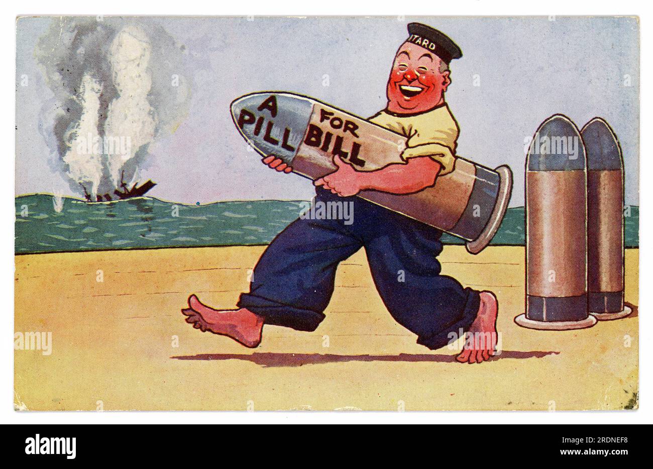 Originale Comic-Postkarte aus dem WW1. Jahrhundert, Seemann mit einer Rakete, Pille für Bill, die Postkarte ist ein beliebtes Thema - Anti-Kaiser Wilhelm II. (Letzter deutscher Kaiser und König von Preußen) des Deutschen Reiches. Vom/veröffentlicht 1915. Stockfoto