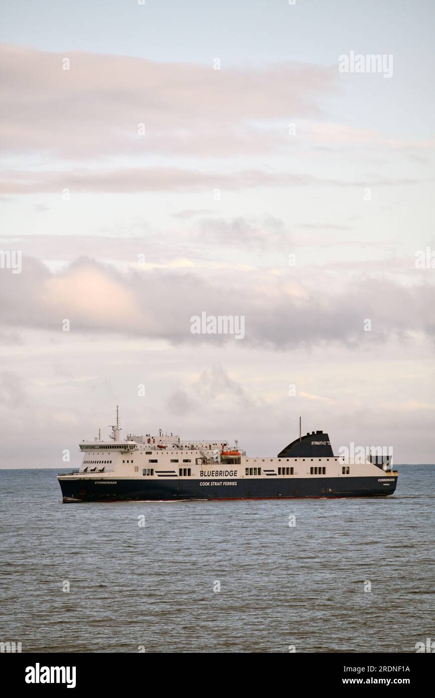 WELLINGTON, NEUSEELAND, 19. MAI 2023: Die Bluebridge Fähre Connemara überquert die Cook Strait nach Wellington, wie von der Interislander Fähre Atarere aus gesehen Stockfoto