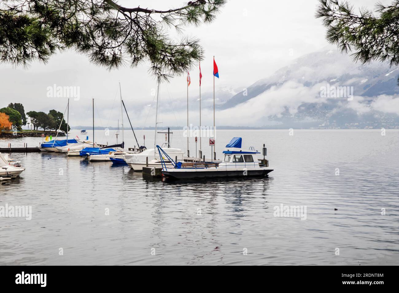 In Locarno, Schweiz, ist das Wetter wunderschön: Boote neben dem Pier und Nebel oder niedrige Wolken neben den Bergen. Kleiner Regen, kleine Ente im Wasser. Aut Stockfoto