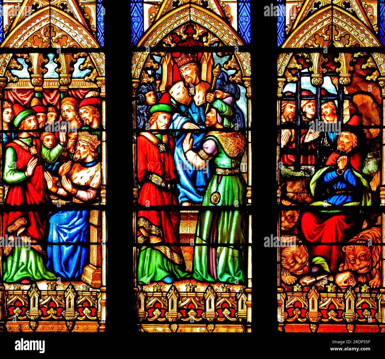Buntglasfenster, Story of Daniel, mit König Darius, und im Löwenhäuschen, von Lusson von Paris, Ely Cathedral, Mitte des 19. Jahrhunderts. Stockfoto