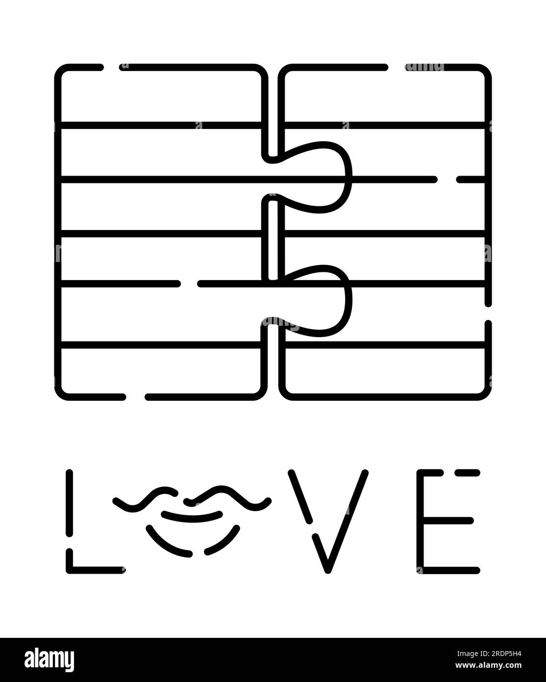 Liebe Kompatibilität, Puzzle und Wort der Liebe, Vektor-Symbol mit schwarzer Linie Stock Vektor