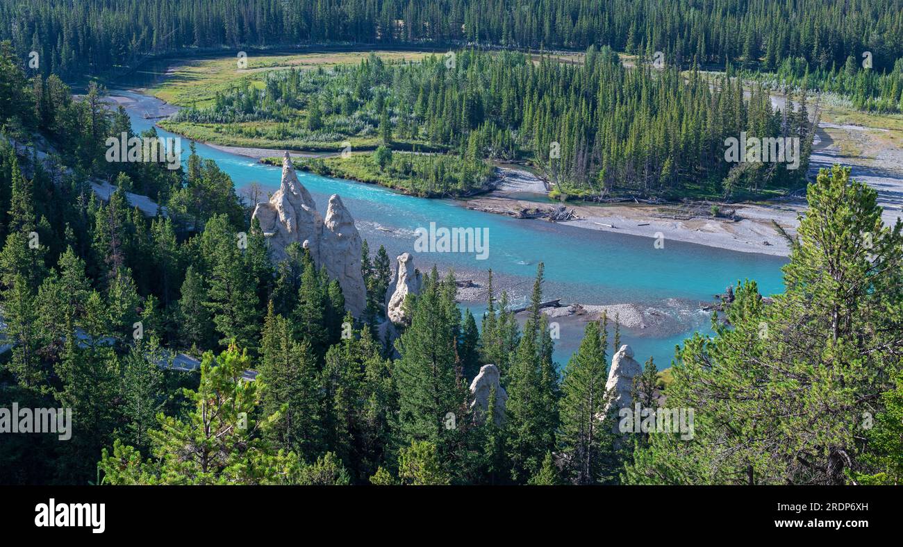 Bug River mit Hoodoo-Felsformationen, Banff-Nationalpark, Kanada. Stockfoto