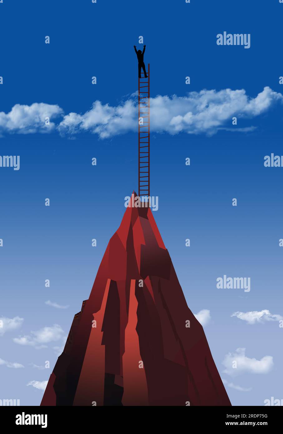 Ein Geschäftsmann, der Erfolg sucht, klettert auf einer Leiter höher als nötig und stellt sich die Frage: Wie viel Erfolg ist genug? Dies ist eine 3-D-Abbildung Stockfoto