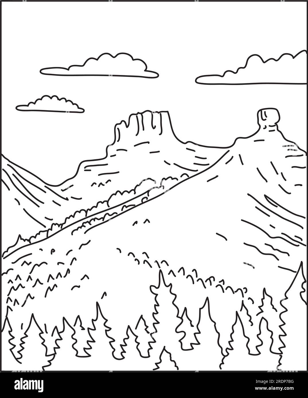 Mono-Line-Darstellung des Chimney Rock National Monument im San Juan National Forest im Südwesten von Colorado im Stil von Monolinlinien. Stockfoto