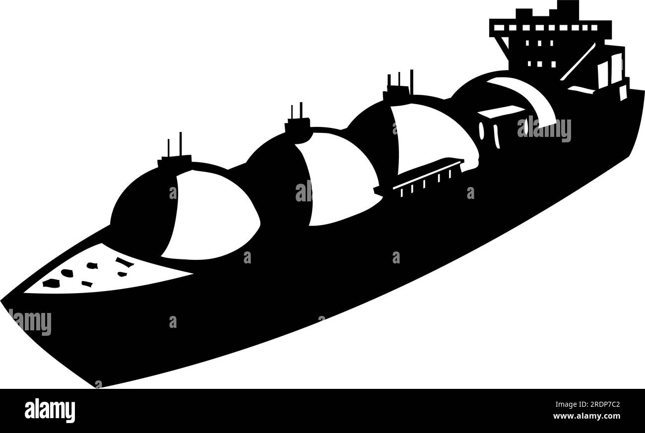 Retro-Darstellung eines Flüssiggastankers, eines Tankschiffs, das für den Transport von Flüssigerdgas oder LNG auf isoliertem Hintergrund ausgelegt ist, in Schwarz und Stockfoto