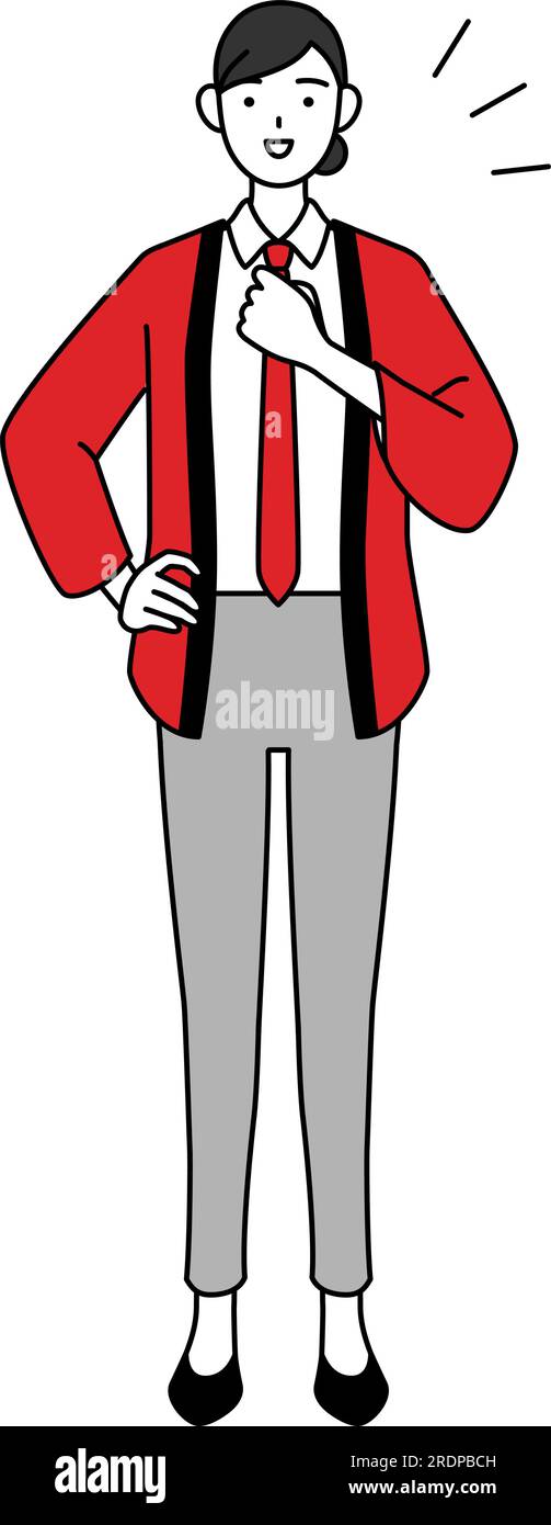 Eine Frau, die einen roten Happy-Mantel trägt, die sich auf die Brust klopft, Vector-Illustration Stock Vektor