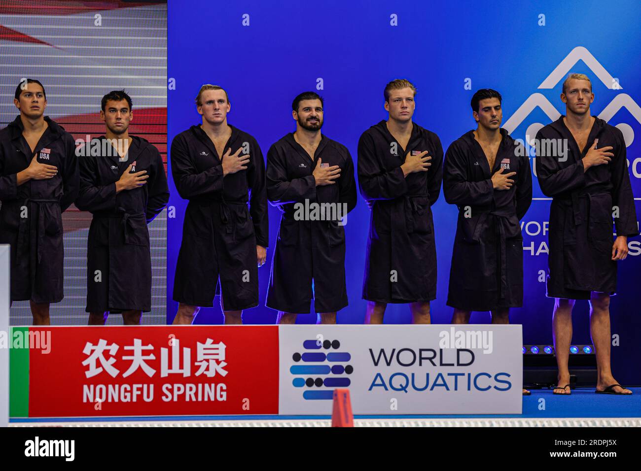 Fukuoka, Japan. 23. Juli 2023. FUKUOKA, JAPAN - 23. JULI: Spieler der USA während des World Aquatics Championships 2023 Männer-Crossover-Spiels zwischen den USA und Kanada am 23. Juli 2023 in Fukuoka, Japan (Foto von Albert Ten Hove/Orange Pictures). Guthaben: Orange Pics BV/Alamy Live News Stockfoto