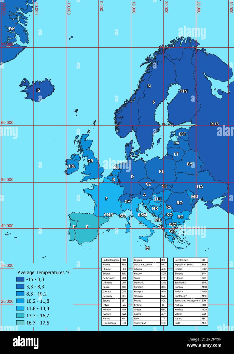 Karte der durchschnittlichen Jahrestemperaturen in Europa Stockfoto