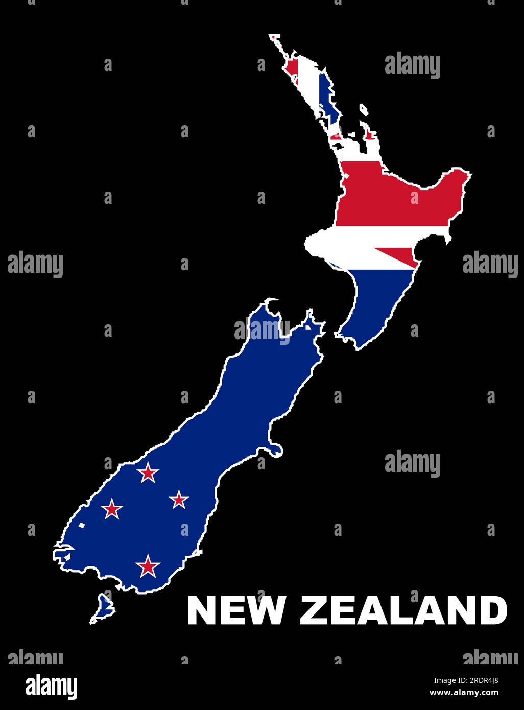 Umriss der Silhouettemap Neuseelands mit der Nationalflagge auf schwarzem Hintergrund Stockfoto