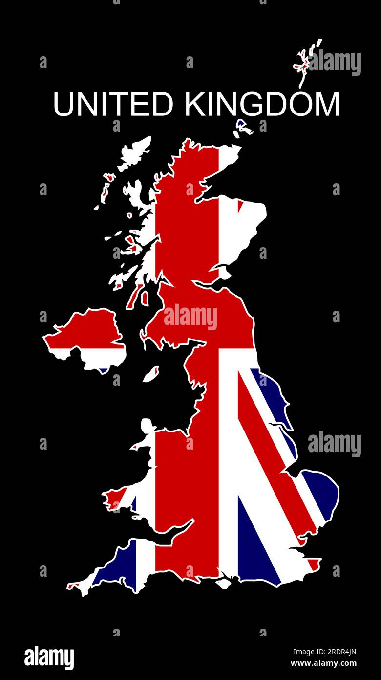 Eine Silhouette des Vereinigten Königreichs auf schwarzem Hintergrund mit dem Namen und der Union Jack Flag Stockfoto