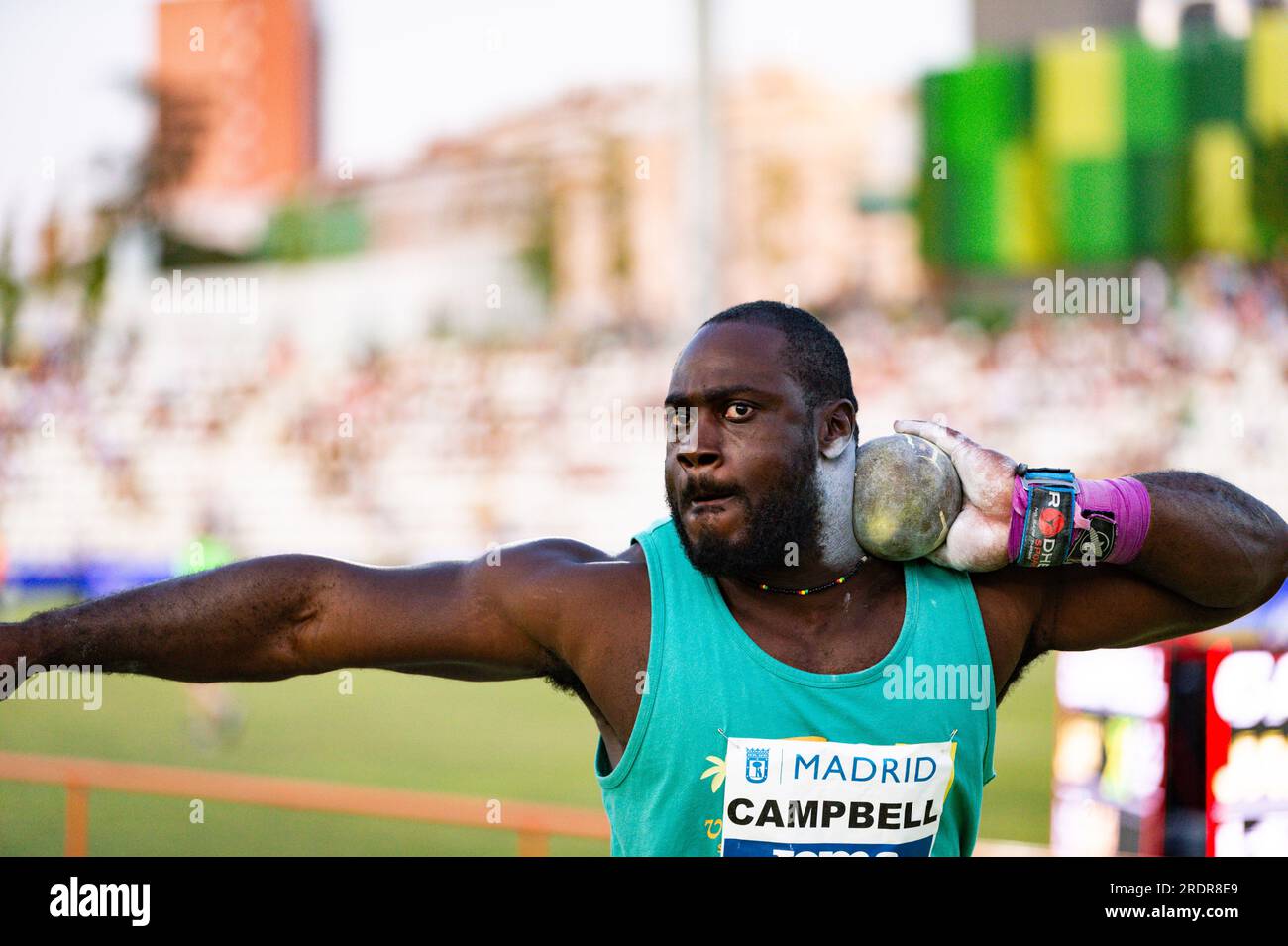 22. Juli 2023, Madrid, Madrid, Spanien: Rajindra CAMPBELL tritt in der männlichen Put-final-Runde auf dem WACT/Europe Silver Athletics Meeting in Madrid, Spanien, am Samstag, den 22. Juli 2023 im Vallehermoso-Stadion an (Kreditbild: © Alberto Gardin/ZUMA Press Wire), REDAKTIONELLE VERWENDUNG! Nicht für den kommerziellen GEBRAUCH! Stockfoto