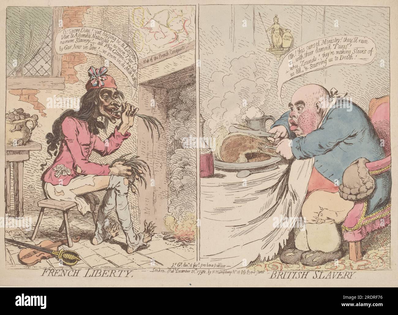 James Gillray, French Liberty und British Slavery, 1792, Ätzung, handgefärbt mit Aquarell vom Verleger, auf liegendem Papier, Platte: 24,4 x 35,2 cm (9 5/8 x 13 7/8 Zoll) Blatt: 25,9 x 36,2 cm (10 3/16 x 14 1/4 Zoll), Ailsa Mellon Bruce Fund, 2012.45.2' Stockfoto