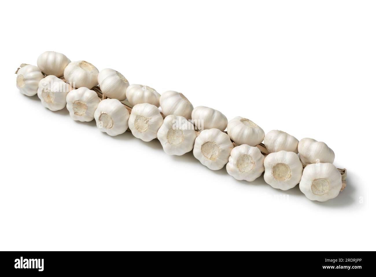 Geflochtene Knoblauchzwiebeln, Nahaufnahme auf weißem Hintergrund isoliert Stockfoto