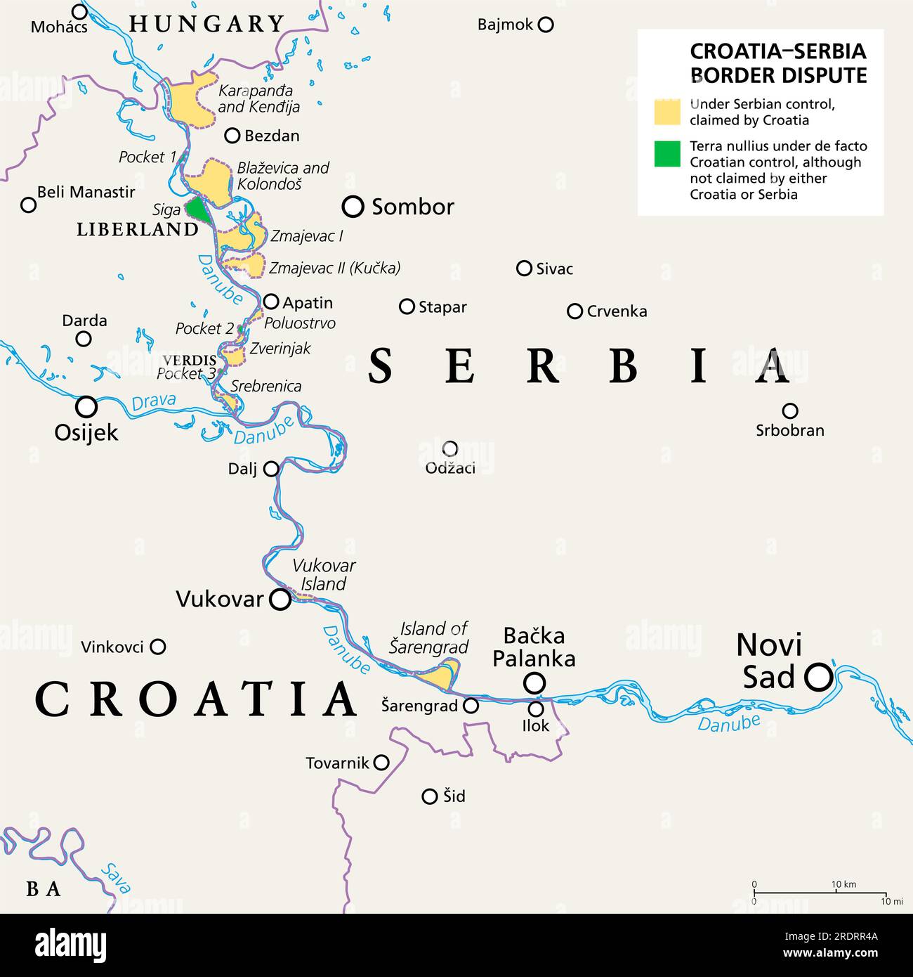 Grenzstreit Kroatien-Serbien, politische Karte. Von Kroatien beantragte Fläche unter serbischer Kontrolle (gelb). Kein Menschenland, das von Liberland und Verdis beansprucht wurde. Stockfoto