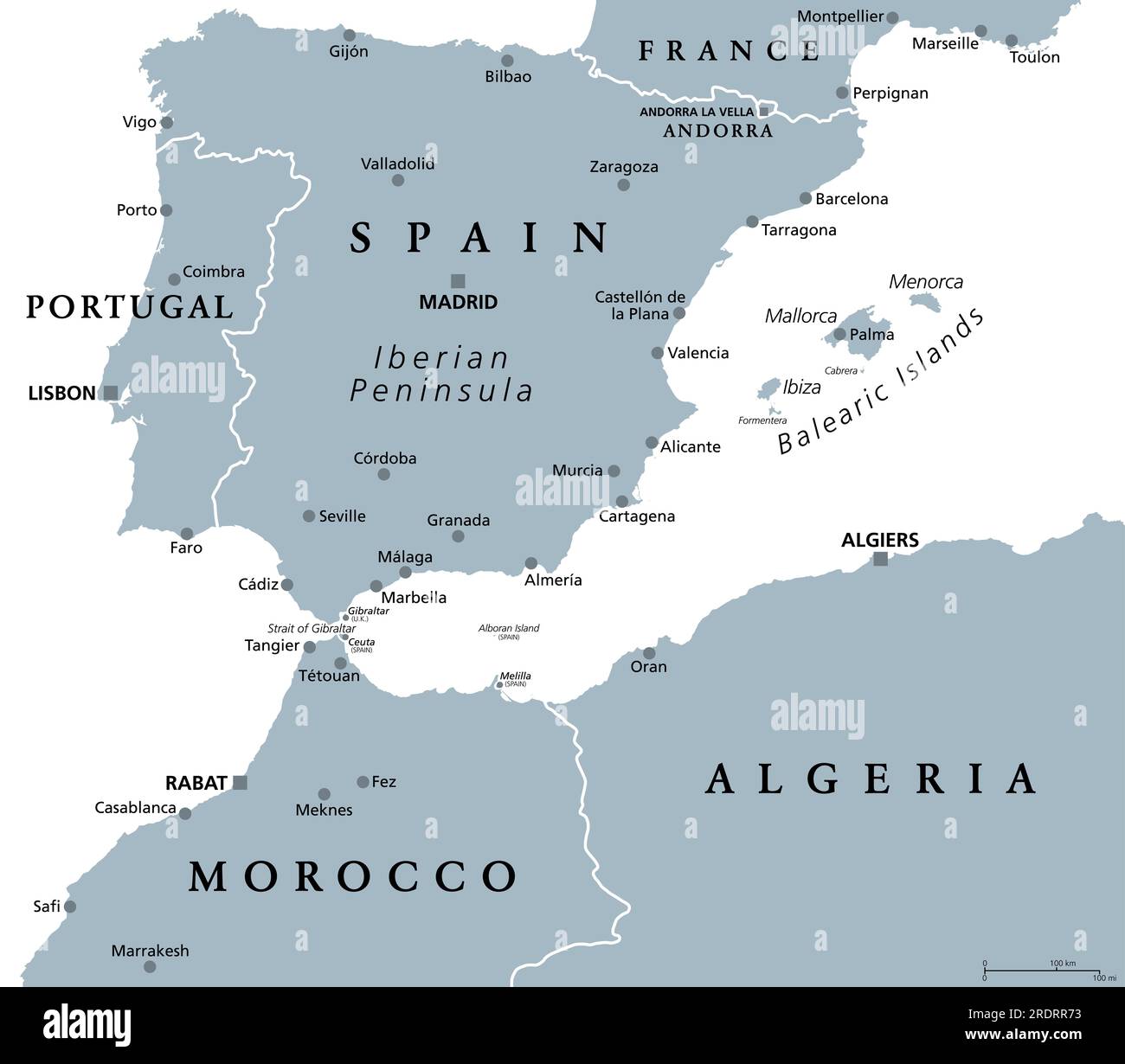 Westliches Mittelmeer, graue politische Karte. Iberische Halbinsel, die durch den Atlantik und das Mittelmeer begrenzt und von Afrika durch die Straße von Gibraltar getrennt ist. Stockfoto