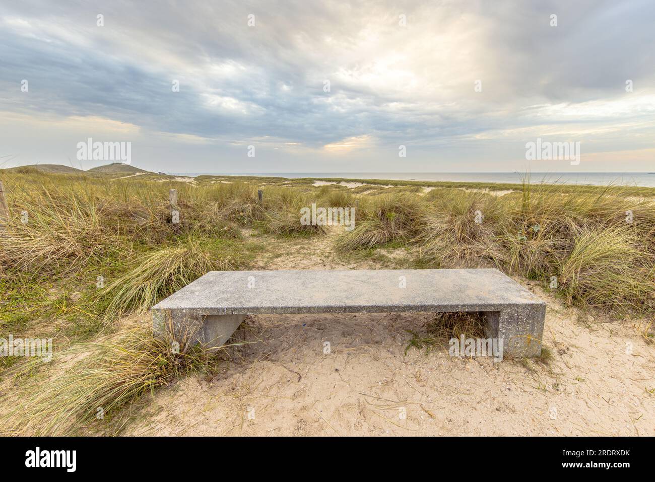 Betonbank mit Blick auf die Küstendünen an der niederländischen Nordseeküste bei Sonnenuntergang. Landschaftsszene der Natur in Europa. Stockfoto