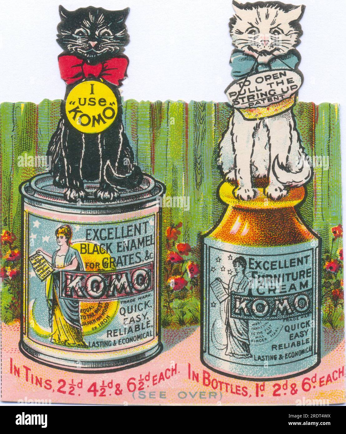 Chromolithographierte gestanzte Werbung mit zwei Katzen auf Dosen von Komo Black Emaille für Gitter und Komo Möbelcreme, ca. 1895 Stockfoto