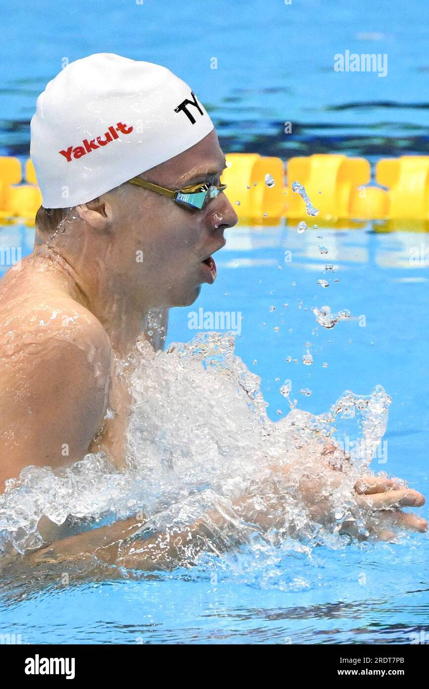 Fukuoka, Japan. 23. Juli 2023. Leon Marchand aus Frankreich tritt beim Medley-Finale der Männer 400m bei der World Aquatics Championships in Fukuoka, Japan, am 23. Juli 2023 an. Kredit: Xu Chang/Xinhua/Alamy Live News Stockfoto