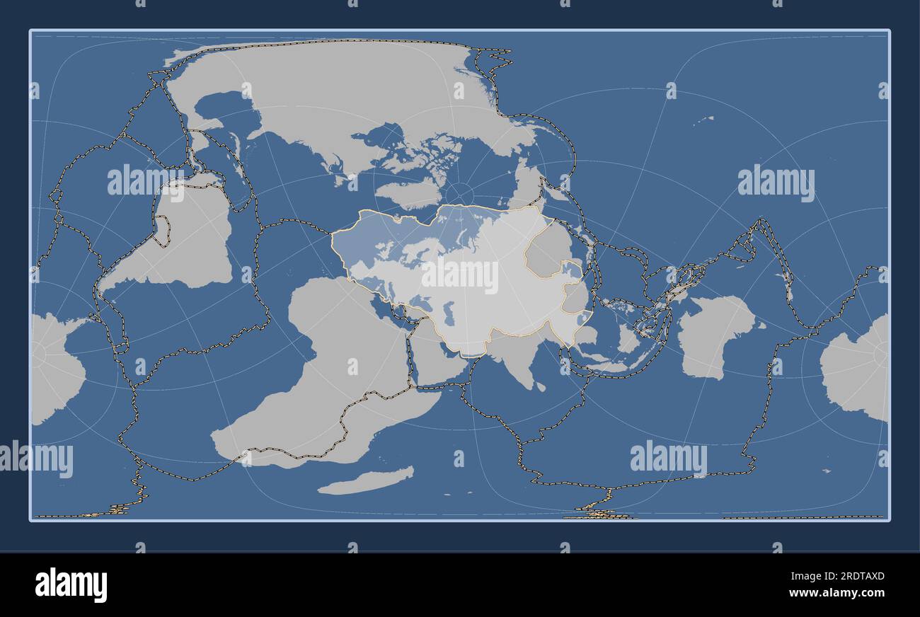 Die eurasische tektonische Platte auf der Volumenkonturkarte in der zylindrischen schrägen Projektion nach Patterson, die meridional und latitudinal zentriert ist. Grenzen o Stock Vektor