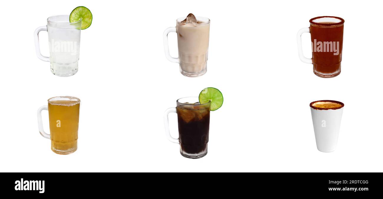 Set oder Collage mit 6 lateinamerikanischen und mexikanischen Getränken auf weißem Hintergrund Stockfoto
