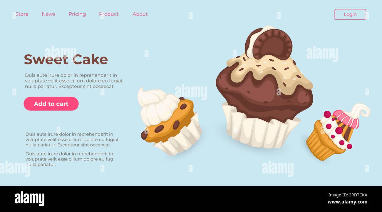Bäckerei Verkauf von süßen Kuchen und Gebäck im Internet. Bestellung von Muffins und Cupcakes mit Zuckerguss und cremigem Mousse. Köstliche Desserts. Website oder Stock Vektor