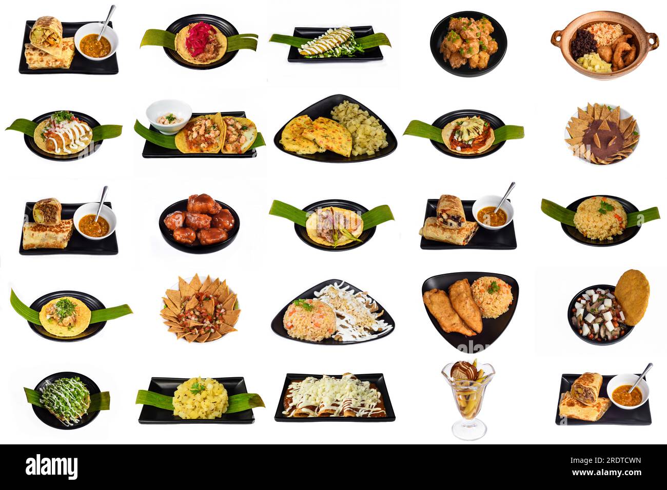 Set oder Collage vieler lateinamerikanischer und mexikanischer Speisen auf weißem Hintergrund Stockfoto