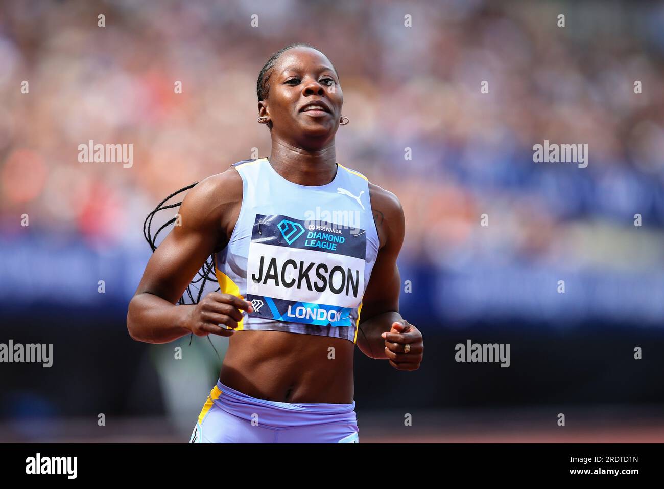 LONDON, Vereinigtes Königreich - 23. Juli 2023: Shericka Jackson aus Jamaika belegt beim Londoner Athletics Meeting, das Teil der Diamond League-Reihe 2023 im London Stadium ist, den dritten Platz bei der Women's 100m. Kredit: Craig Mercer/Alamy Live News Stockfoto