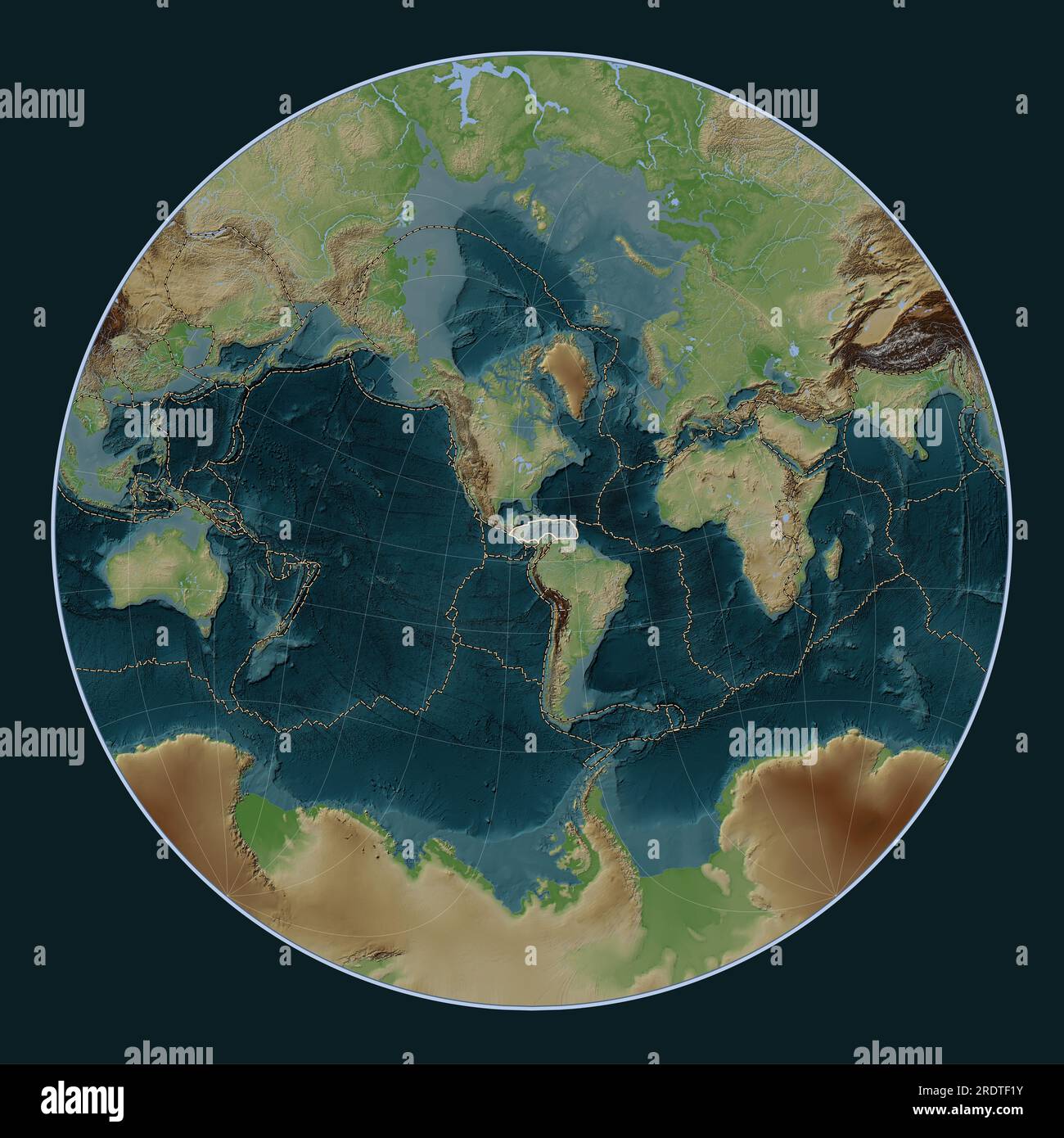 Karibische tektonische Platte auf der Höhenkarte im Wiki-Stil in der schrägen Lagrange-Projektion, die meridional und latitudinal zentriert ist. Grenzen des anderen Stockfoto