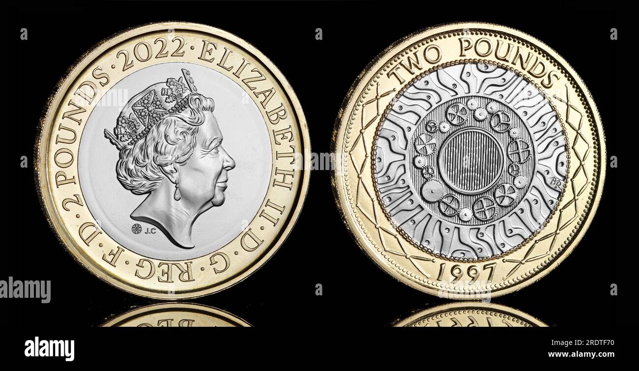 2022 £2EuroMünze zum Gedenken an 25 Jahre der bimetallischen £2EuroMünze. Das Oben zeigt das