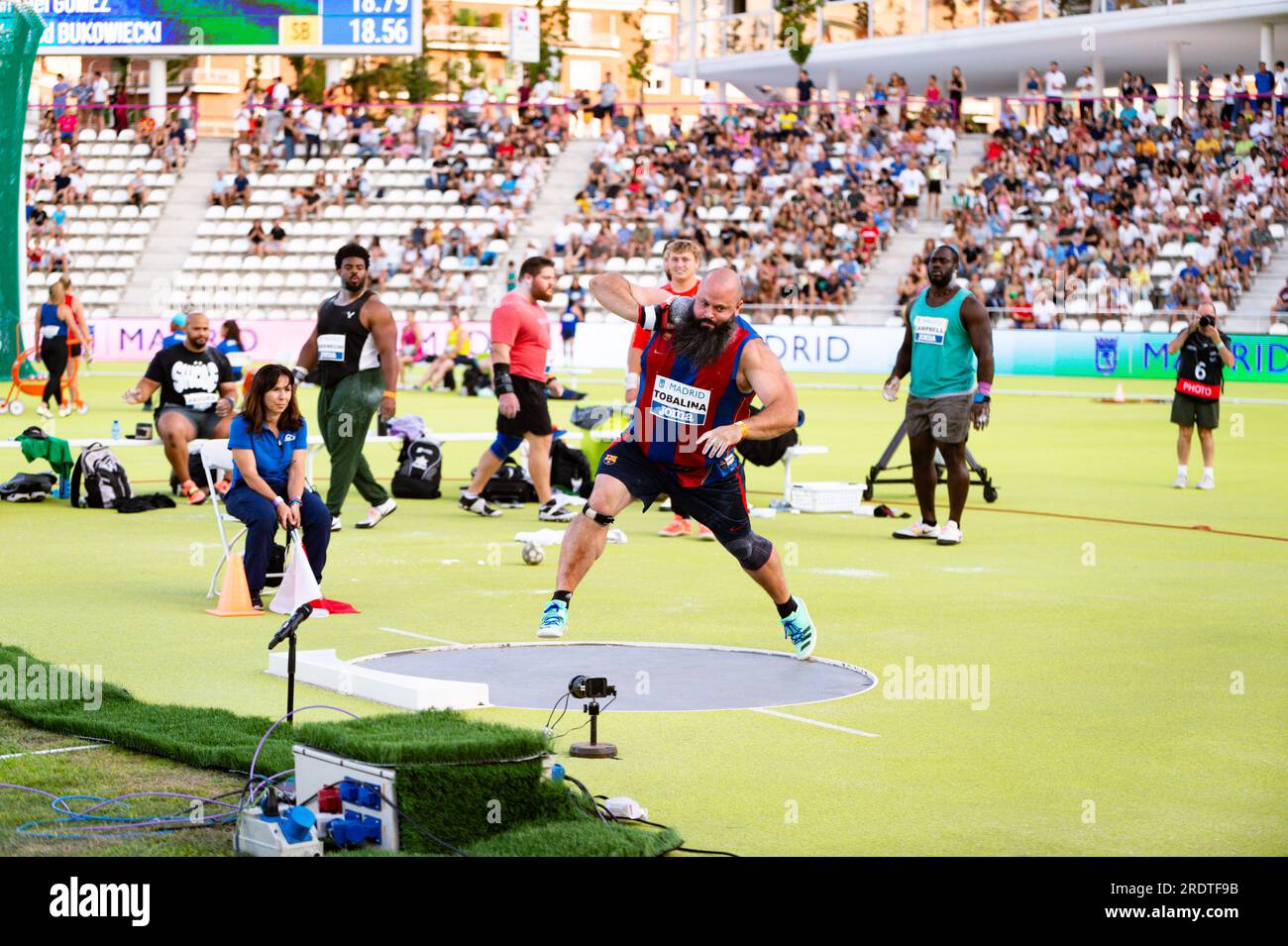 Carlos TOBALINA tritt am Samstag, den 22. Juli 2023, im Stadion Vallehermoso auf dem WACT/Europe Silver Athletics Meeting in Madrid, Spanien, in das männliche Put-Finale ein Stockfoto