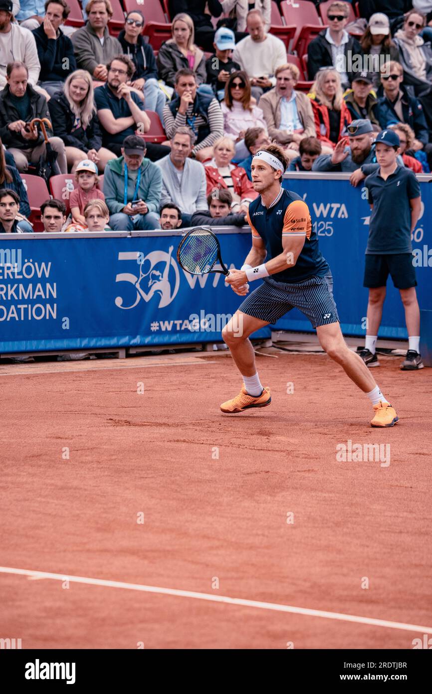 Bstad, Schweden. 23. Juli 2023. Båstad, Schweden. , . 2023 Nordea Open Finale. Andrey Rublev steht einem Casper Ruud gegenüber. Andrey Rublev gewann zum fünften Mal gegen Casper Ruud. Kredit: Daniel Bengtsson/Alamy Live News Kredit: Daniel Bengtsson/Alamy Live News Stockfoto