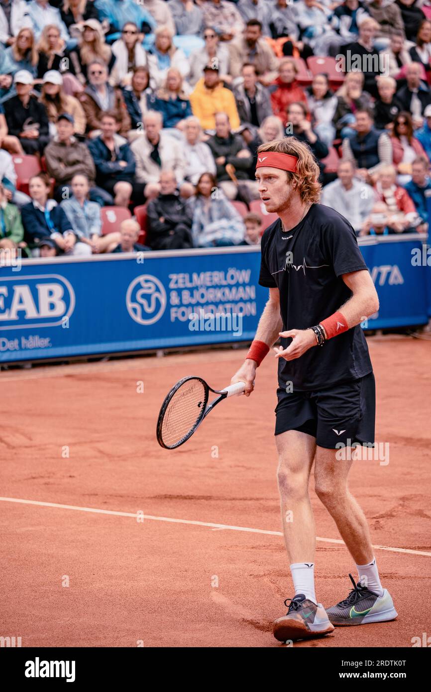 Bstad, Schweden. 23. Juli 2023. Båstad, Schweden. , . 2023 Nordea Open Finale. Andrey Rublev steht einem Casper Ruud gegenüber. Andrey Rublev gewann zum fünften Mal gegen Casper Ruud. Kredit: Daniel Bengtsson/Alamy Live News Kredit: Daniel Bengtsson/Alamy Live News Stockfoto