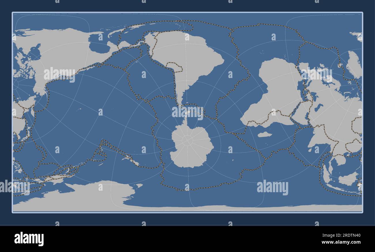 Die tektonische Shetland-Platte auf der Volumenkonturkarte in der zylindrischen schrägen Patterson-Projektion, die meridional und latitudinal zentriert ist. Grenzen o Stock Vektor