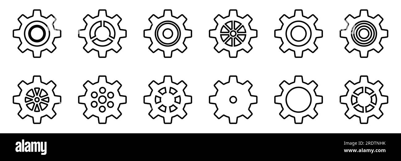 Symbolsatz Gänge. Symbol für Gangeinstellung. Sammlung mechanischer Zahnräder. Einfache Zahnradsammlung. Silhouette mit Zahnradsymbolen. Vector Illustrati Stock Vektor