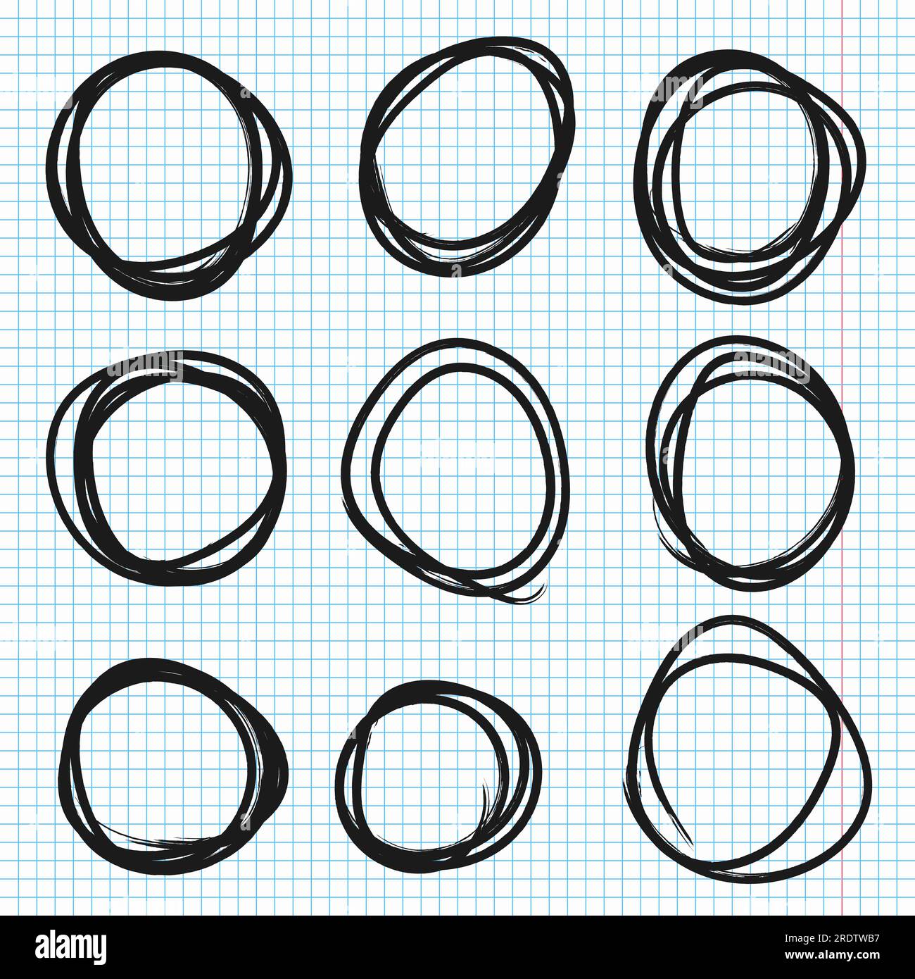Handgezeichnete Kreise auf Notizbuchseiten. Doodle Graffiti Illustration. Zeichnen von kreisförmigen Kritzeleien rund um Kreise. Stock Vektor