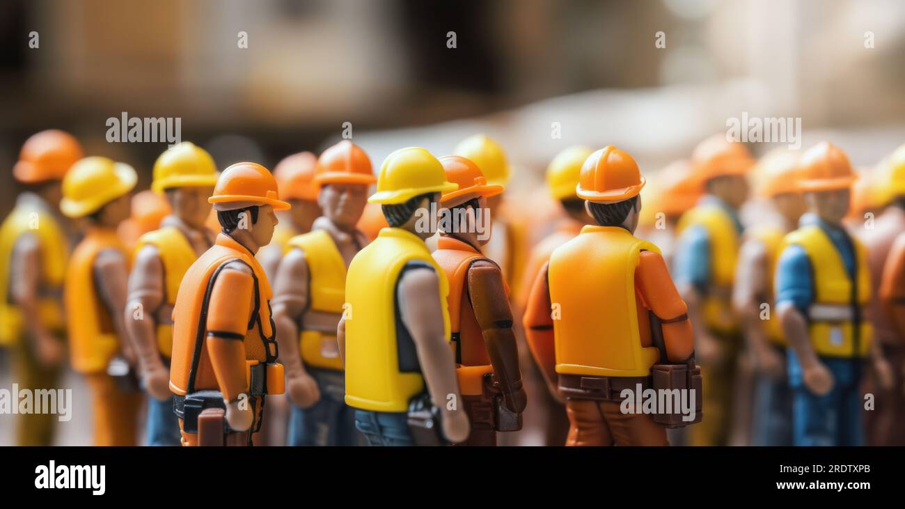 Miniaturfiguren für Bauarbeiter mit Helmen und Sicherheitswesten. Arbeitskraft- und Beschäftigungskonzept Stockfoto