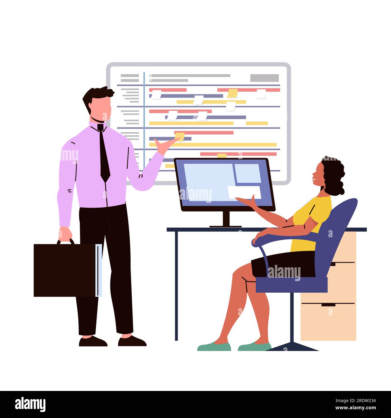 Geschäftsmann und Geschäftsfrau im Amt. Mann und Frau, die am Computer arbeiten. Vektordarstellung in flacher Form Stock Vektor