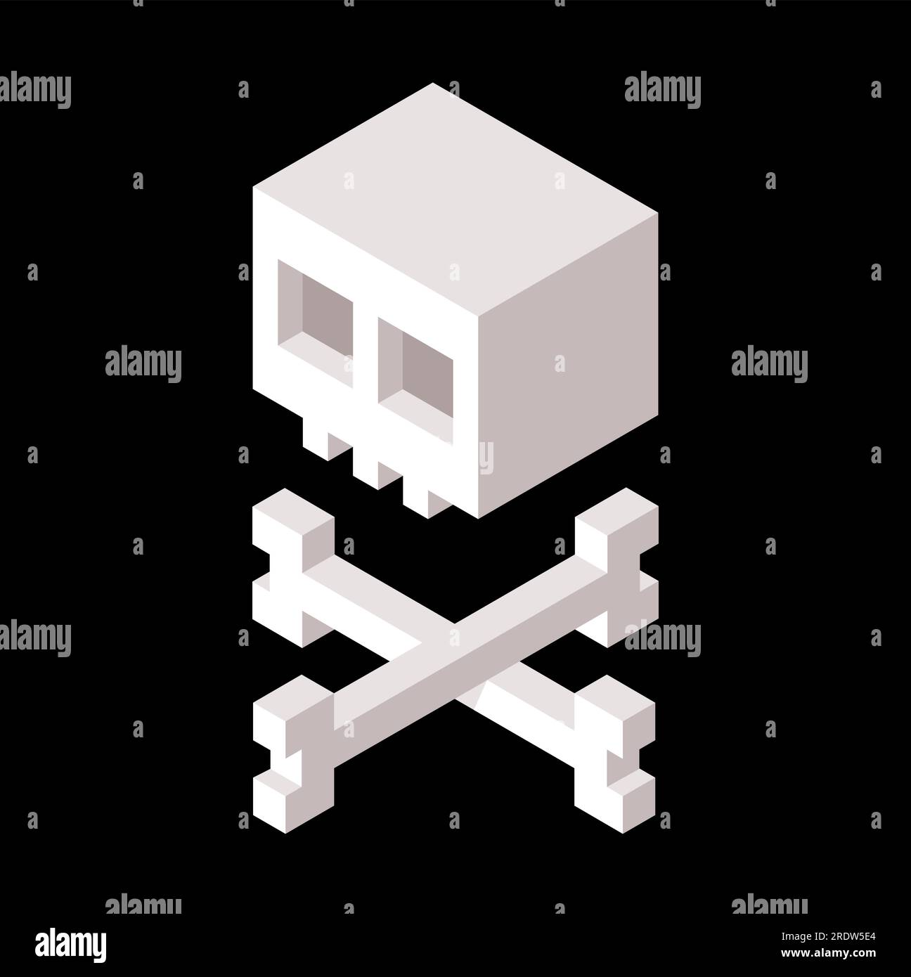 Stilisierter isometrischer Cartoon-Schädel und Kreuzbein. 3D Pixel Art Videospiel-Style. Einfache Darstellung von Vektorgrafiken. Stock Vektor