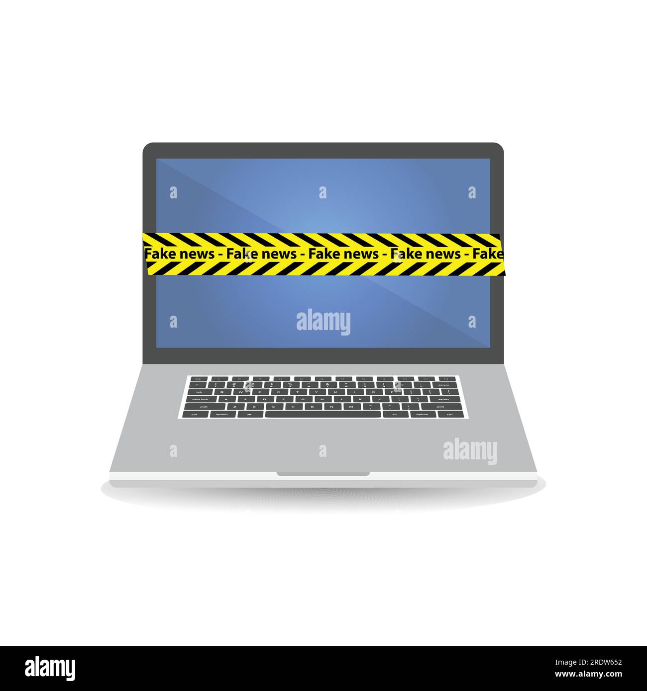 Gelbes Band mit schwarzen Streifen und dem Text gefälschte Nachrichten auf einem Laptop Stock Vektor
