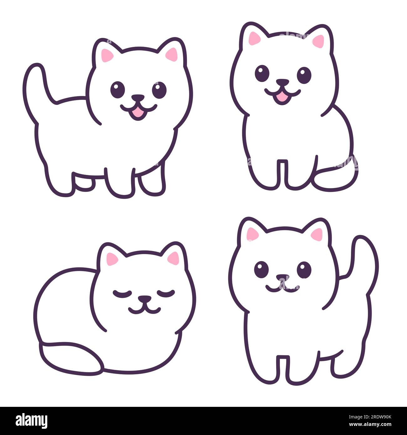 Winziges weißes Baby-Kätzchen-Zeichenset. Süße kleine fette Katze, die steht, sitzt und lügt. Einfache Kawaii-Doodle-Style-Illustration. Stock Vektor