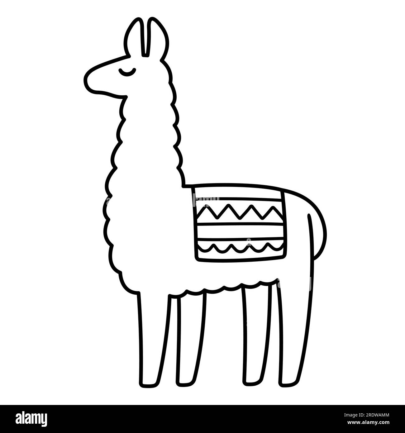 Einfache Zeichentrickfilm-Lama-Zeichnung, schwarz-weißes Liniensymbol. Hübsche Vektor-Clip-Art-Illustration. Stock Vektor