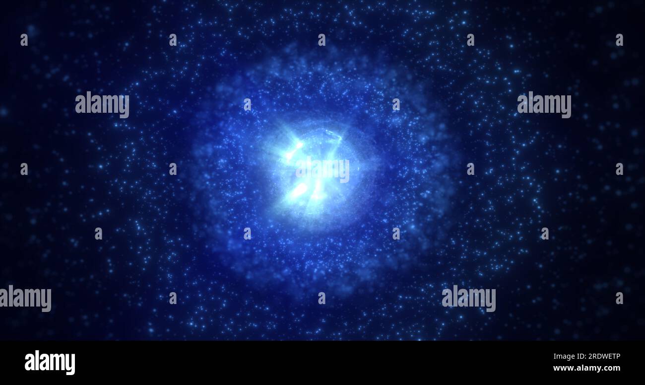 Abstrakter futuristischer, leuchtender blauer Lichtkegel, runde Kugel, kosmischer Stern aus magischer High-Tech-Energie auf dem Hintergrund der Weltraumgalaxie. Abstrakter Hintergrund. Stockfoto