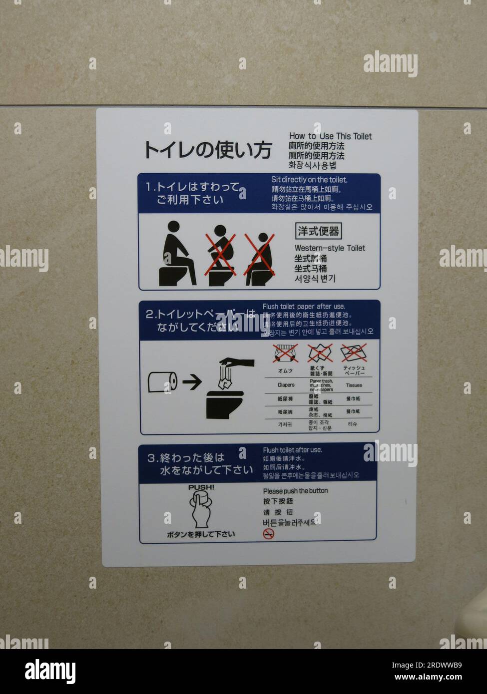 "Wie man diese Toilette benutzt": Ein pädagogisches Poster für ausländische Besucher in Japan über die Etikette der Nutzung öffentlicher Annehmlichkeiten. Stockfoto