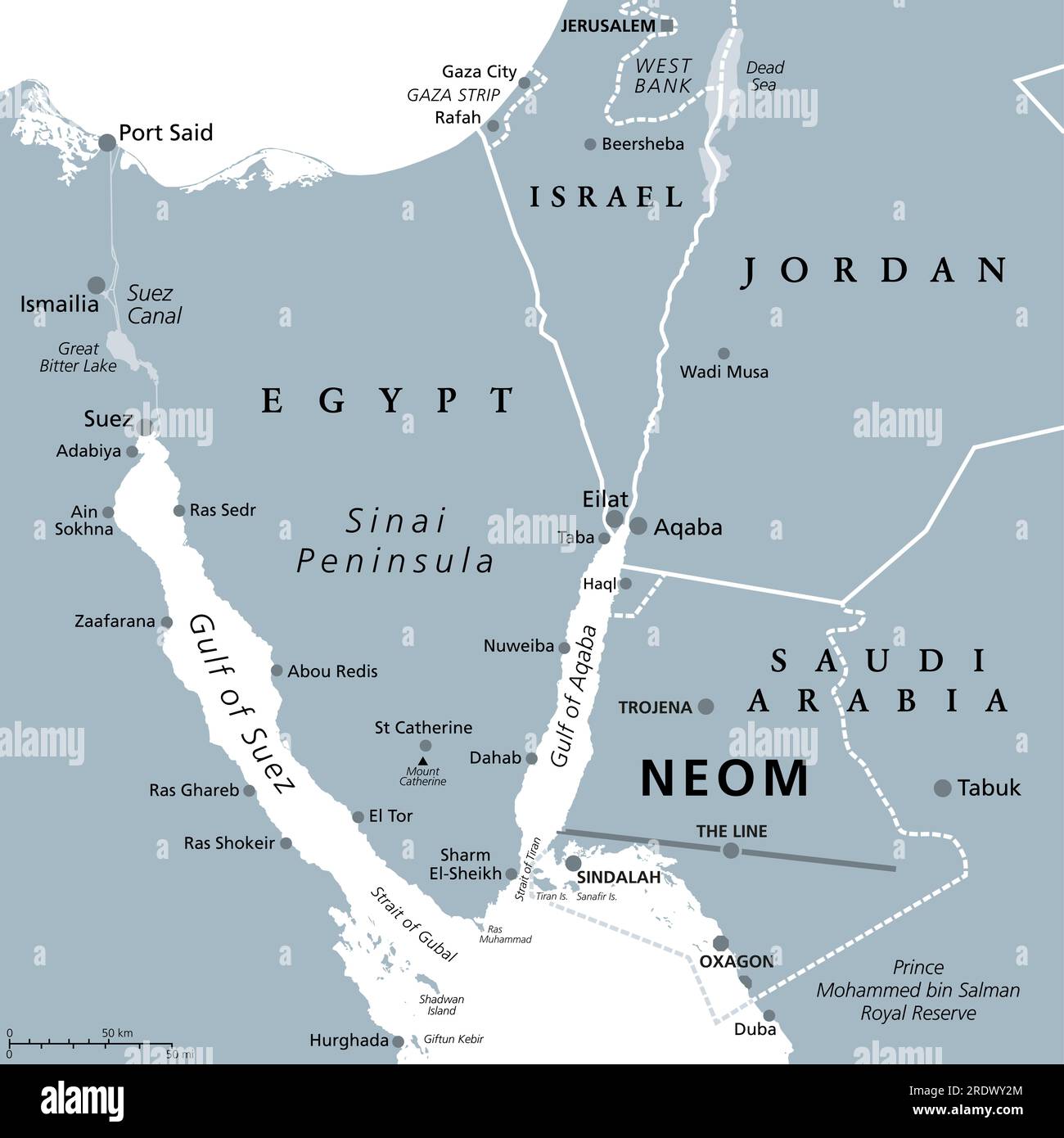 NEOM und Sinai-Halbinsel, graue politische Karte. NEOM, geplante intelligente Stadt in der Provinz Tabuk im Nordwesten Saudi-Arabiens, nördlich des Roten Meeres, östlich von Ägypten. Stockfoto