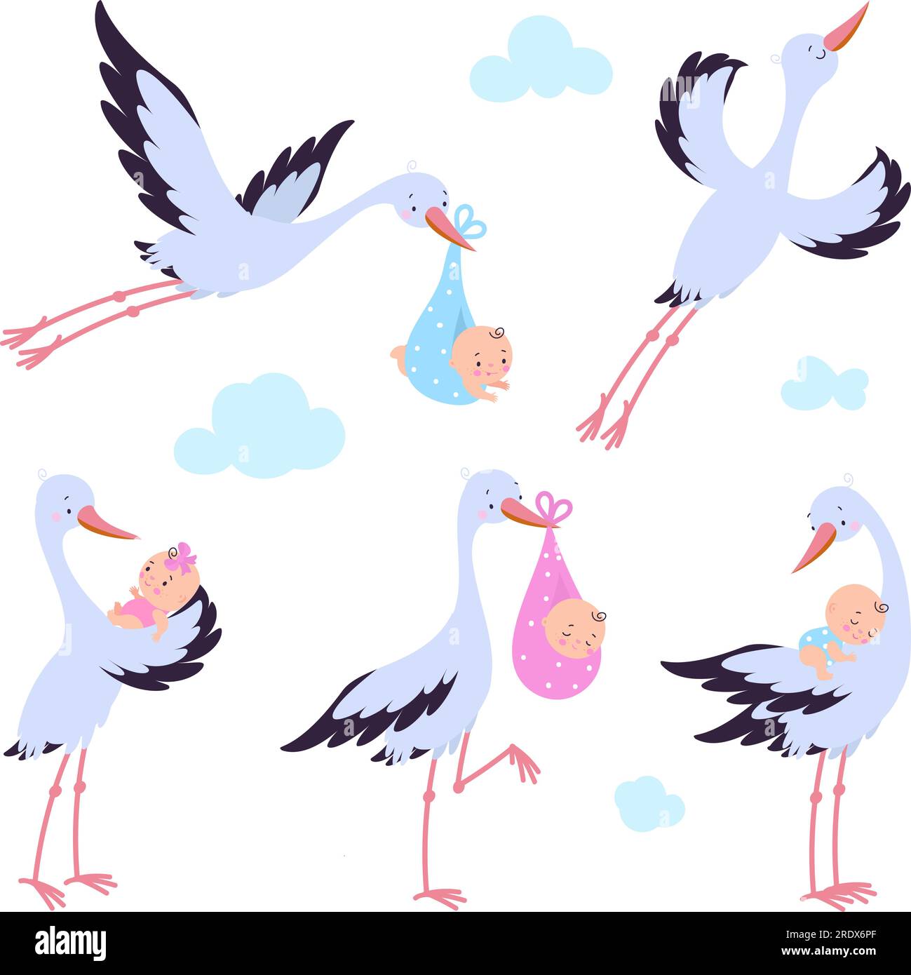 Cartoon fliegende Störche mit Neugeborenen. Vogelwanderung, Storch hält Babys und fliegt. Niedliche Grafikelemente für die Babyparty, die heutigen Vektorfiguren Stock Vektor