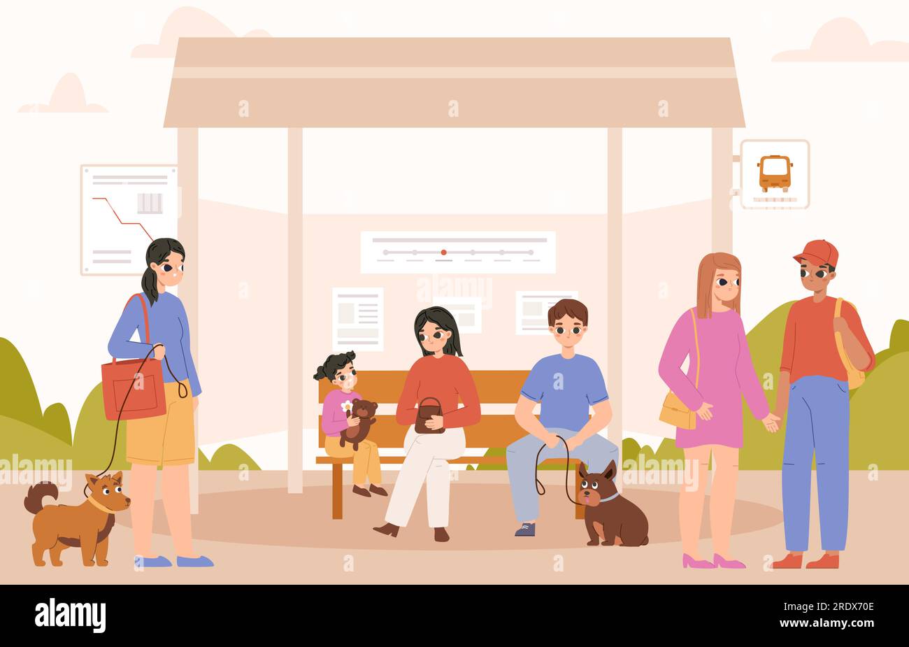Die Leute warten an der Bushaltestelle. Stadtverkehr, Erwachsene und Kinder warten auf öffentliche Verkehrsmittel. Städtischer Transport, haustierfreundliche Gesellschaft, kuschelige Vektorszene Stock Vektor